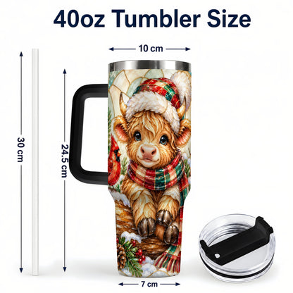 #pl[40oz|Black] Stained Glass Highland Cow 40oz Tumbler with Handle, Christmas Travel Cup