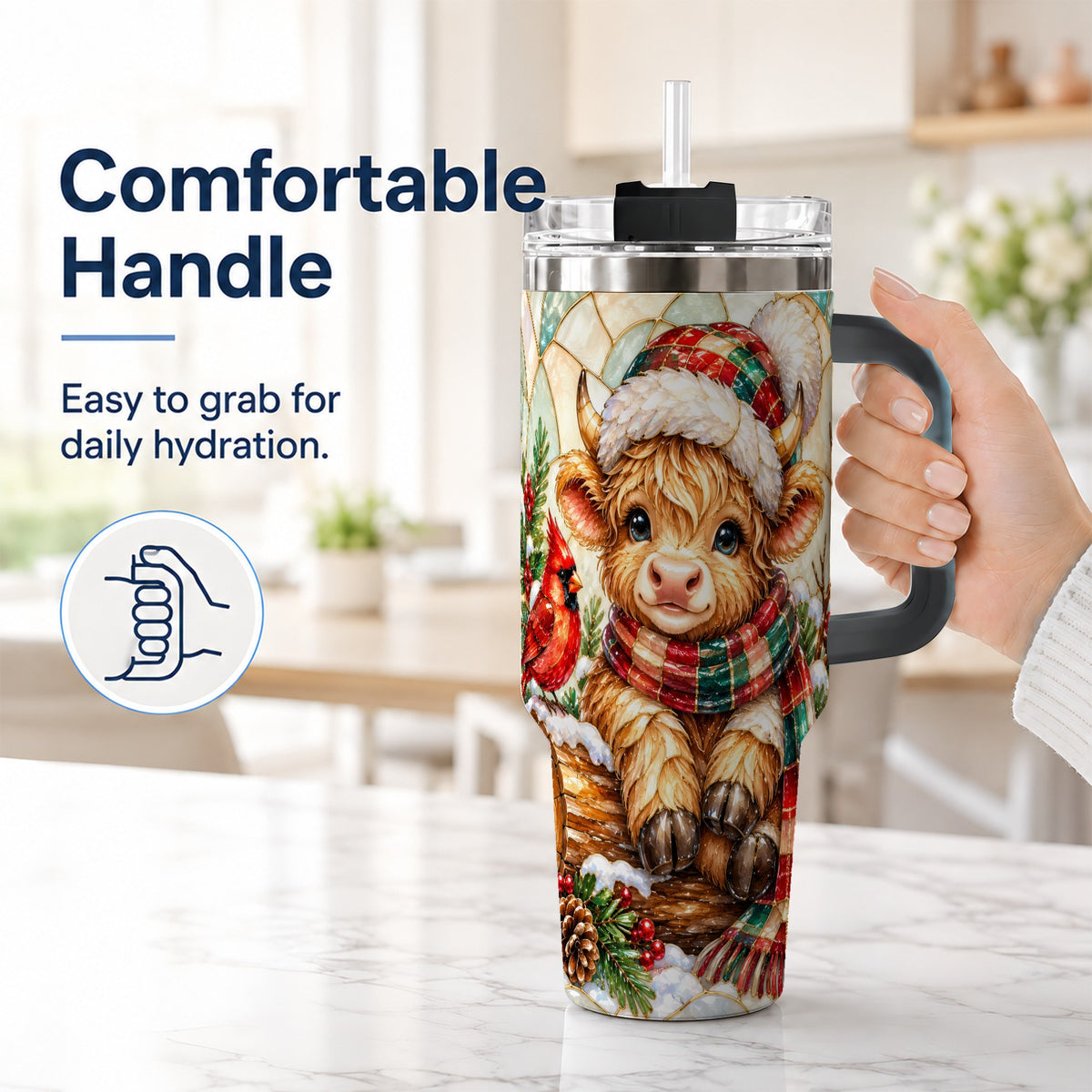 #pl[40oz|Black] Stained Glass Highland Cow 40oz Tumbler with Handle, Christmas Travel Cup