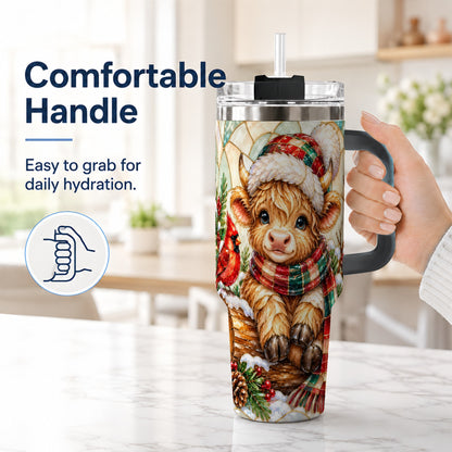 #pl[40oz|Black] Stained Glass Highland Cow 40oz Tumbler with Handle, Christmas Travel Cup