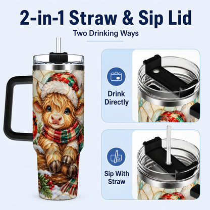#pl[40oz|Black] Stained Glass Highland Cow 40oz Tumbler with Handle, Christmas Travel Cup