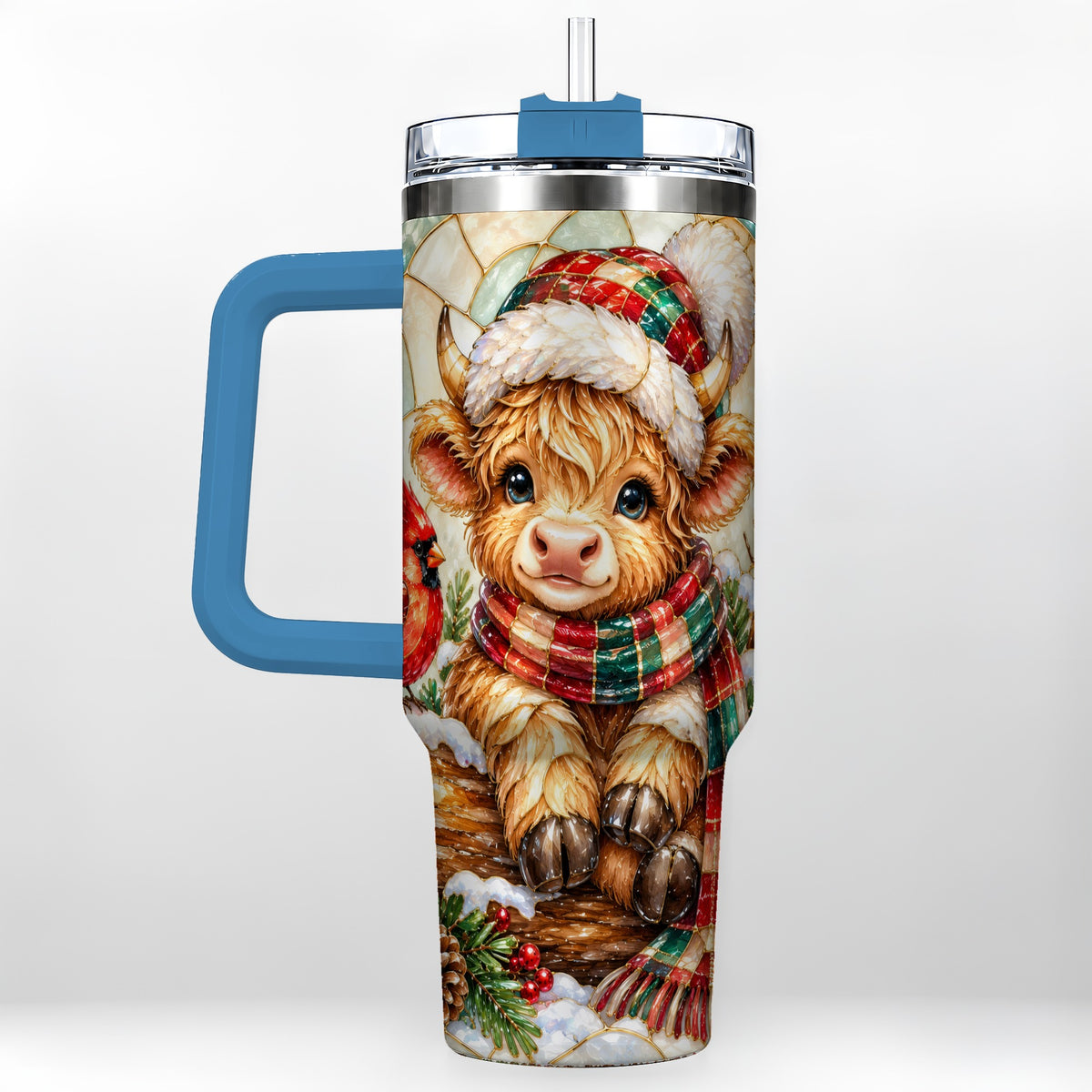 #pl[40oz|Blue] Stained Glass Highland Cow 40oz Tumbler with Handle, Christmas Travel Cup