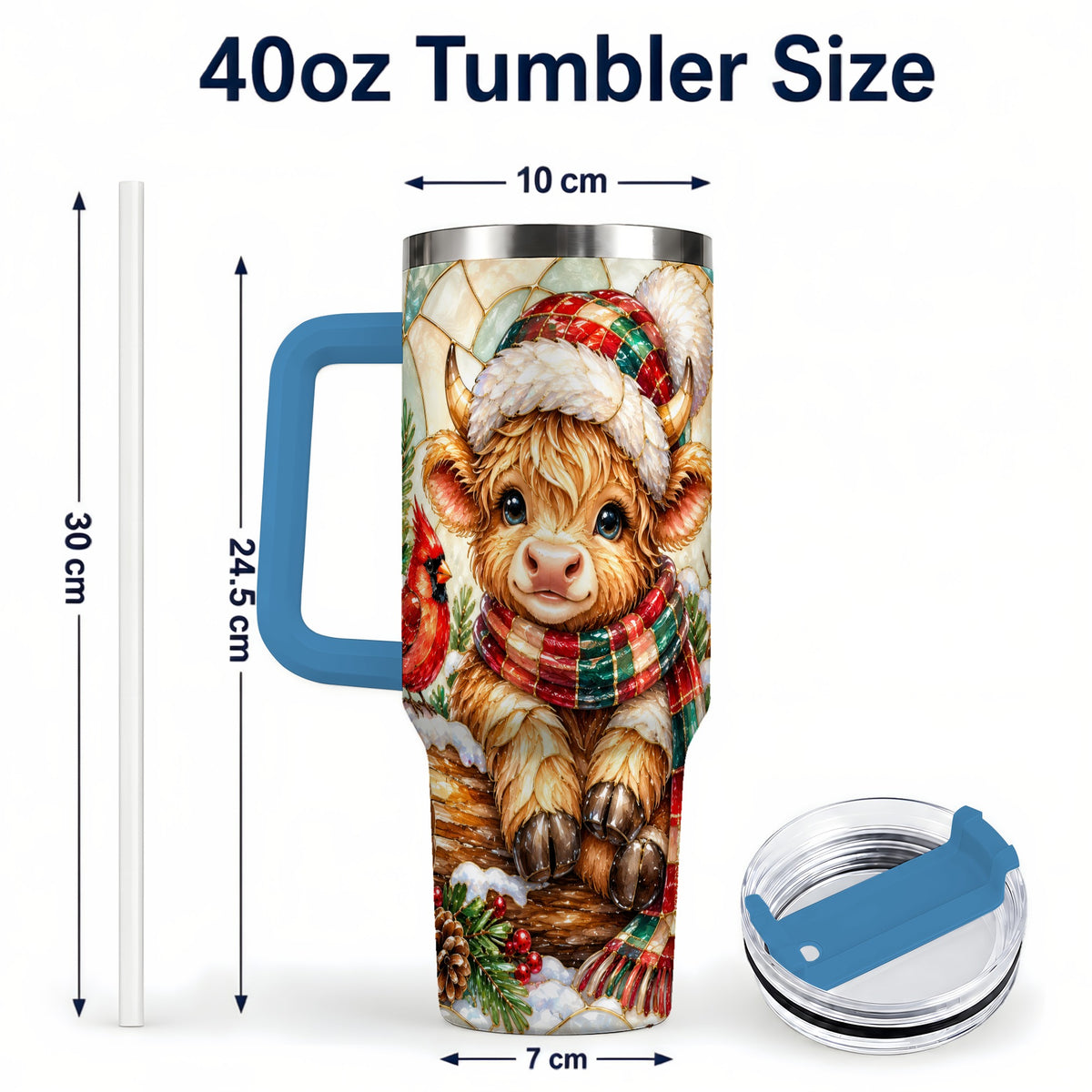 #pl[40oz|Blue] Stained Glass Highland Cow 40oz Tumbler with Handle, Christmas Travel Cup