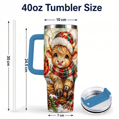 #pl[40oz|Blue] Stained Glass Highland Cow 40oz Tumbler with Handle, Christmas Travel Cup