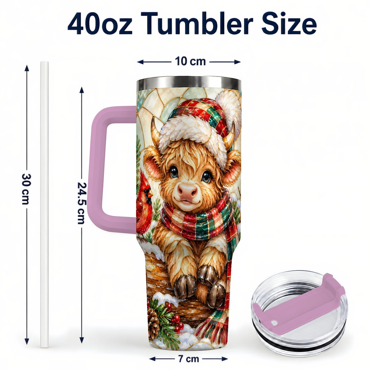 #pl[40oz|Pink] Stained Glass Highland Cow 40oz Tumbler with Handle, Christmas Travel Cup