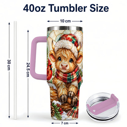 #pl[40oz|Pink] Stained Glass Highland Cow 40oz Tumbler with Handle, Christmas Travel Cup