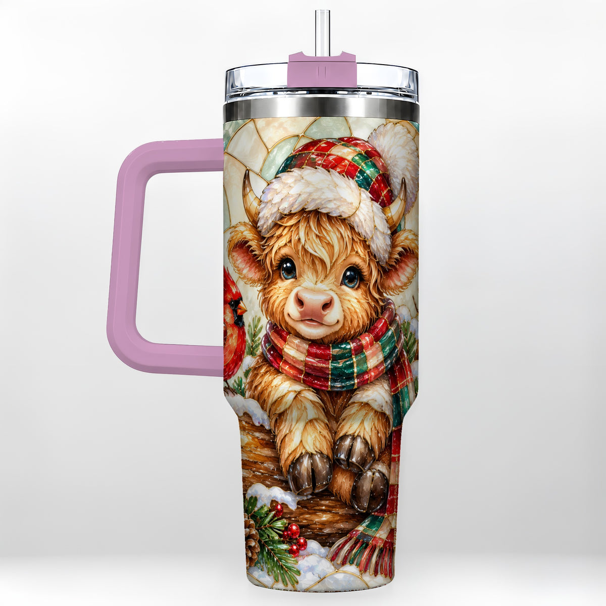 #pl[40oz|Pink] Stained Glass Highland Cow 40oz Tumbler with Handle, Christmas Travel Cup