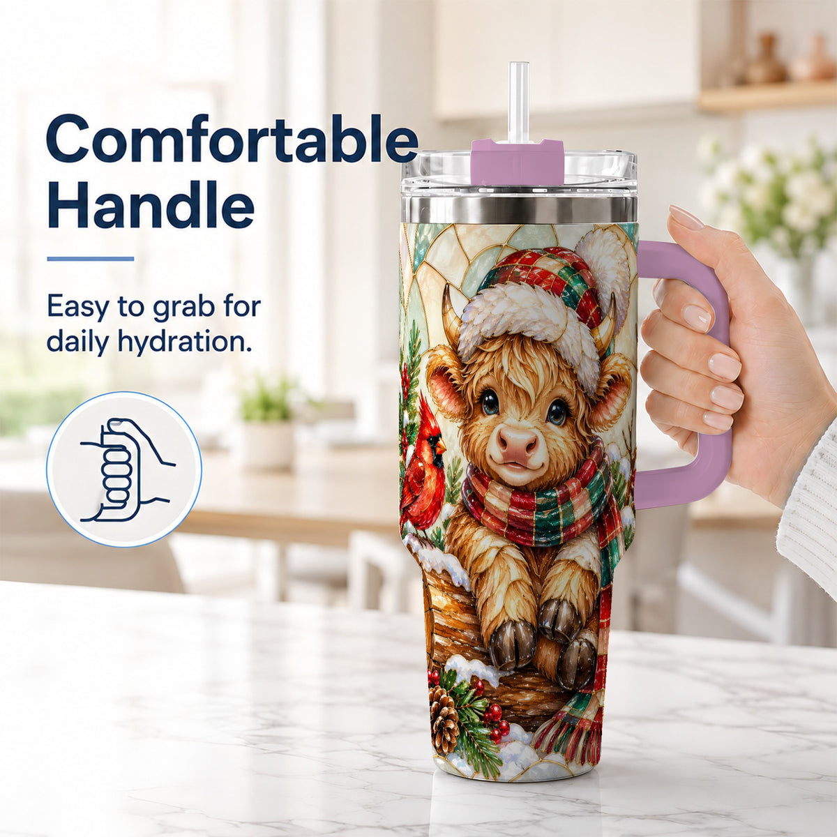 #pl[40oz|Pink] Stained Glass Highland Cow 40oz Tumbler with Handle, Christmas Travel Cup