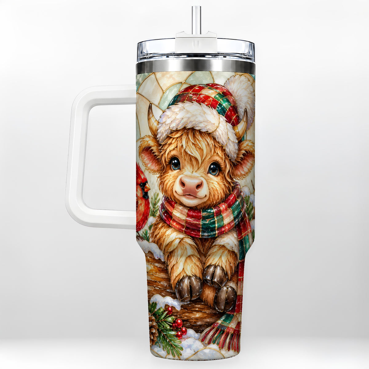 Stained Glass Highland Cow 40oz Tumbler with Handle, Christmas Travel Cup