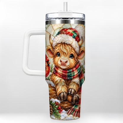 Stained Glass Highland Cow 40oz Tumbler with Handle, Christmas Travel Cup