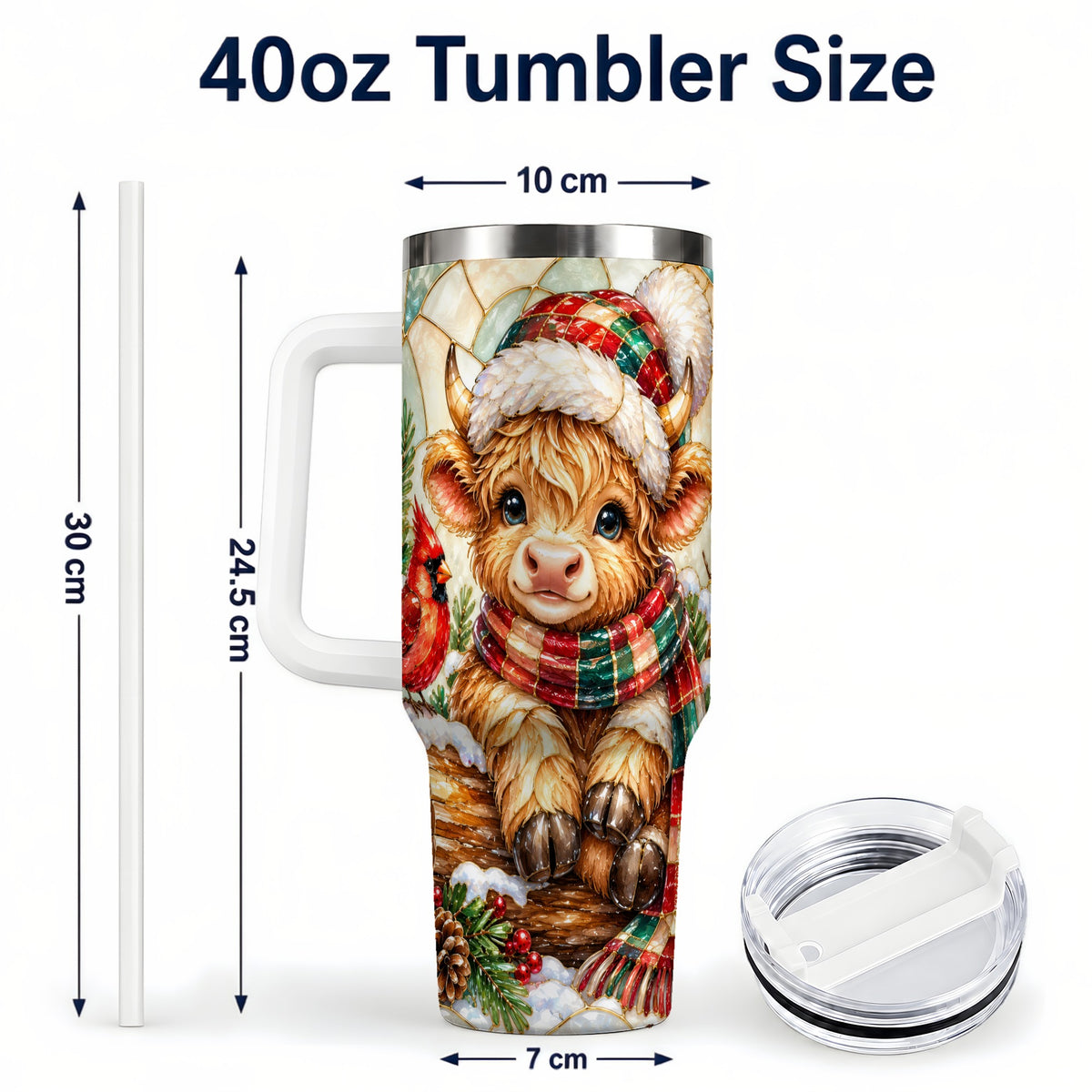 #pl[40oz|White] Stained Glass Highland Cow 40oz Tumbler with Handle, Christmas Travel Cup