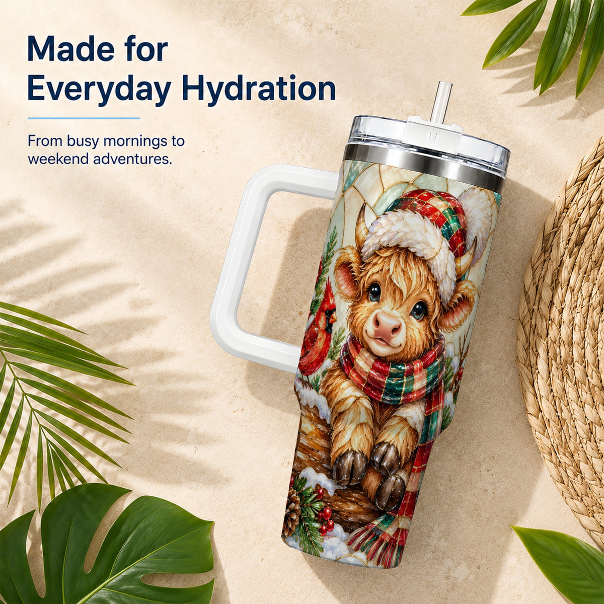 Stained Glass Highland Cow 40oz Tumbler with Handle, Christmas Travel Cup