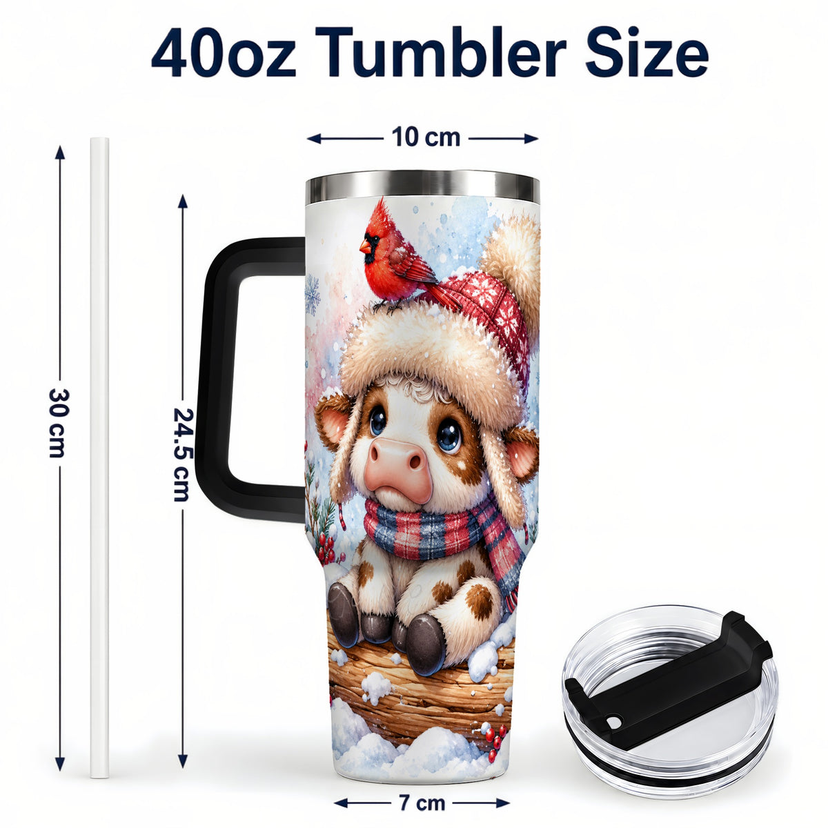 #pl[40oz|Black] Christmas Calf 40oz Tumbler with Handle, Winter Cow Travel Cup