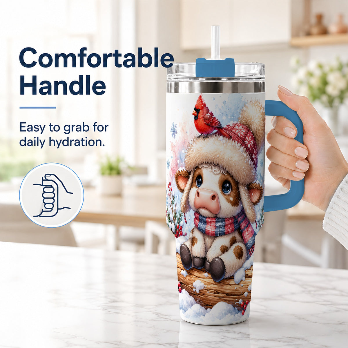 #pl[40oz|Blue] Christmas Calf 40oz Tumbler with Handle, Winter Cow Travel Cup