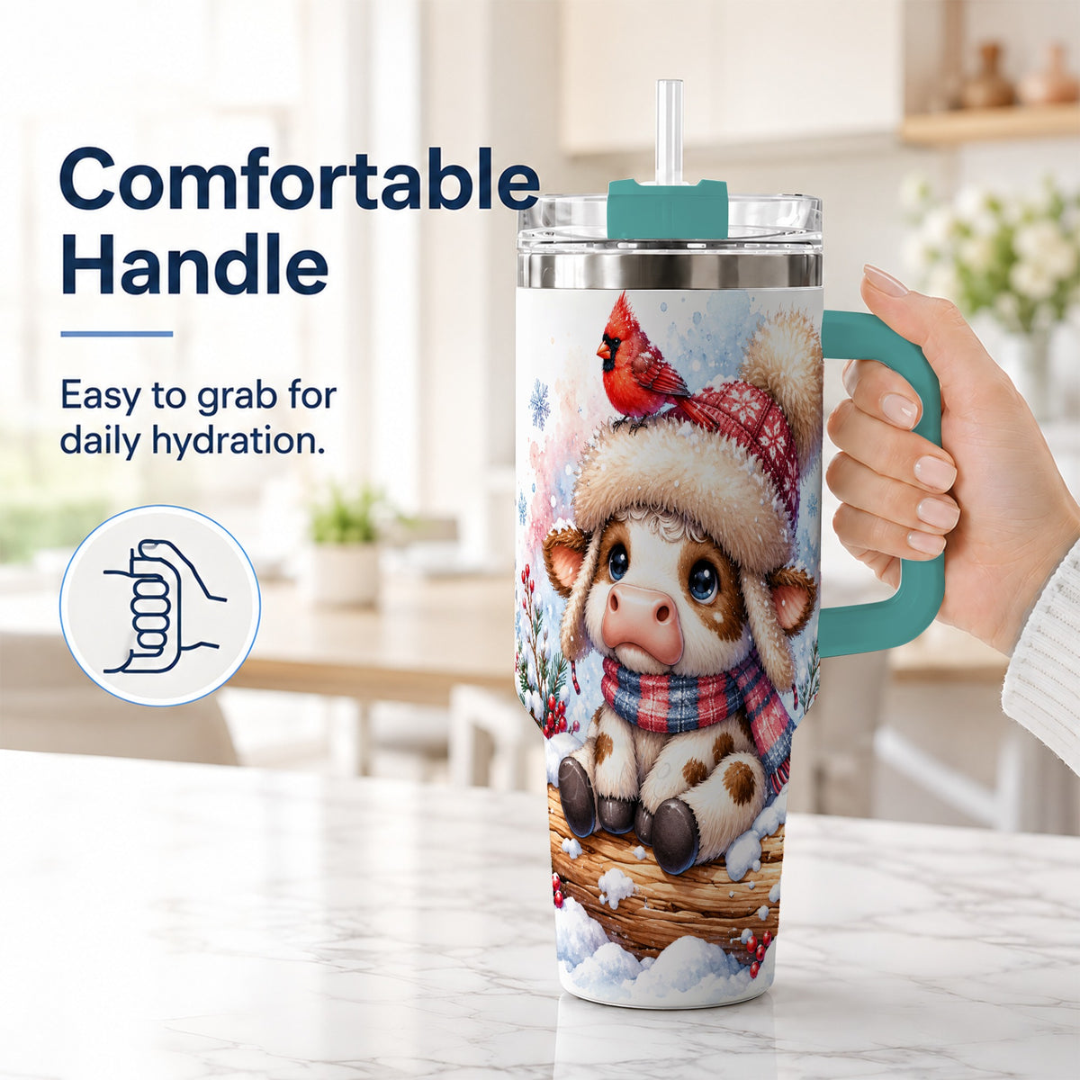 #pl[40oz|Green] Christmas Calf 40oz Tumbler with Handle, Winter Cow Travel Cup