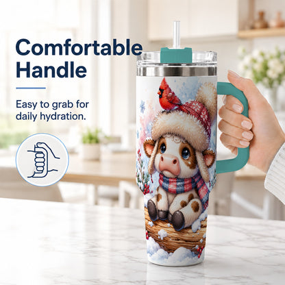 #pl[40oz|Green] Christmas Calf 40oz Tumbler with Handle, Winter Cow Travel Cup