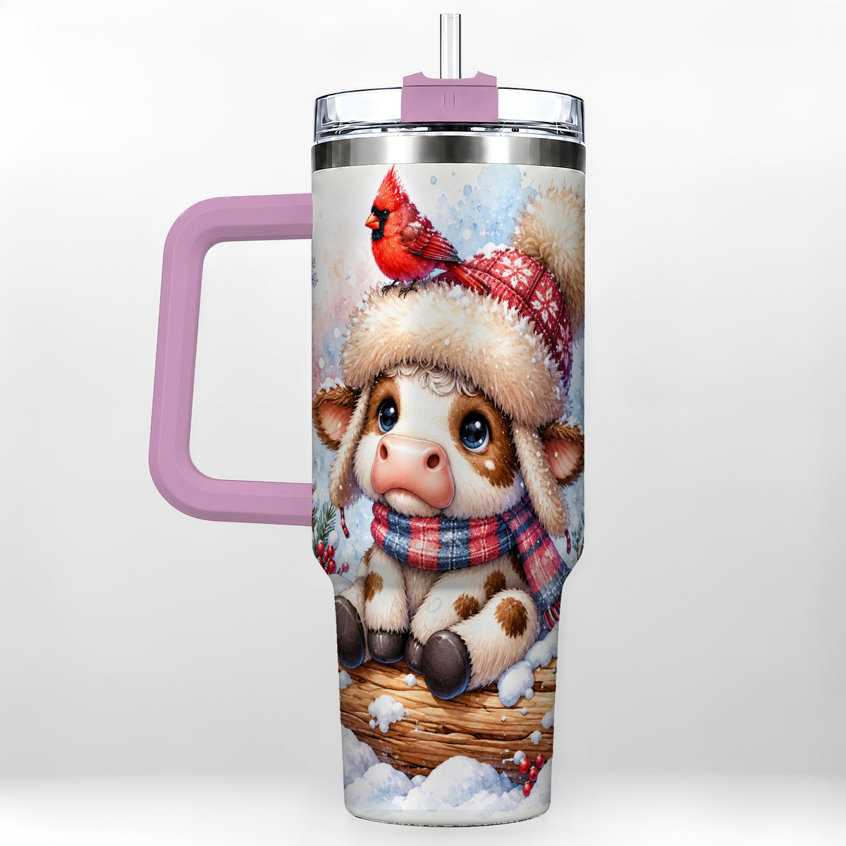 #pl[40oz|Pink] Christmas Calf 40oz Tumbler with Handle, Winter Cow Travel Cup