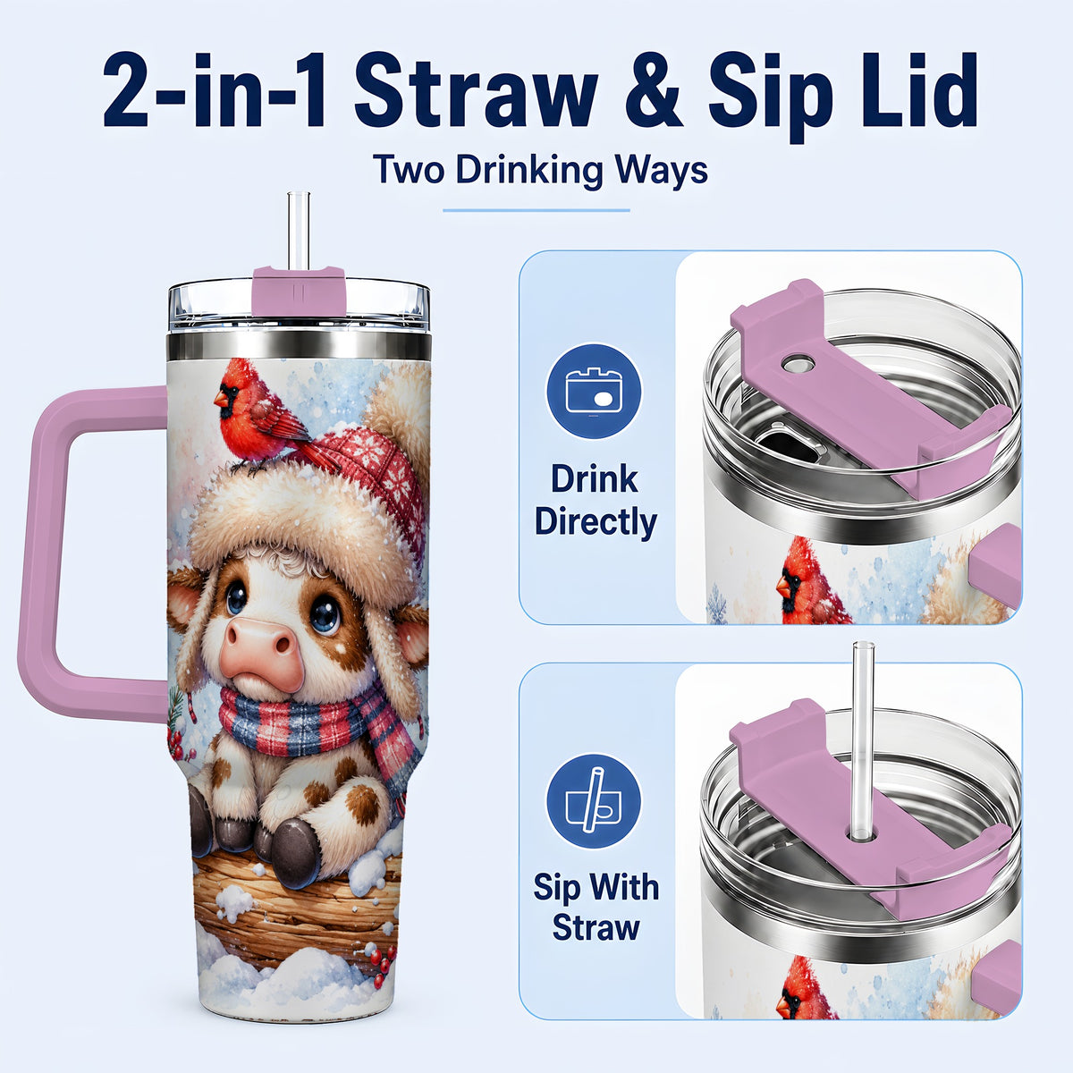 #pl[40oz|Pink] Christmas Calf 40oz Tumbler with Handle, Winter Cow Travel Cup