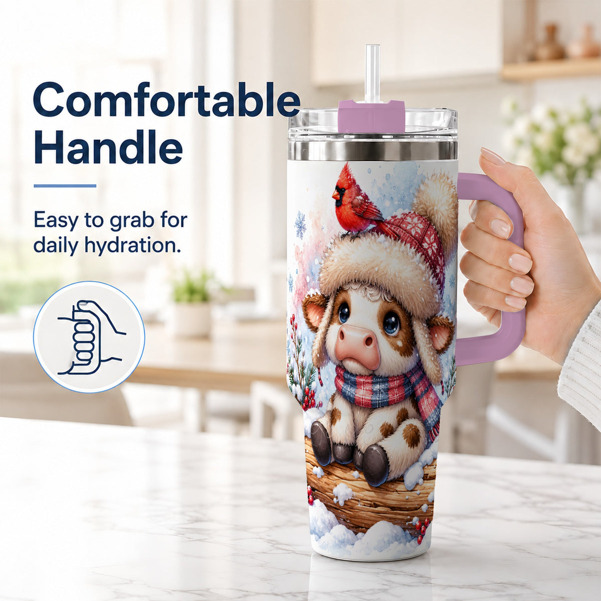#pl[40oz|Pink] Christmas Calf 40oz Tumbler with Handle, Winter Cow Travel Cup