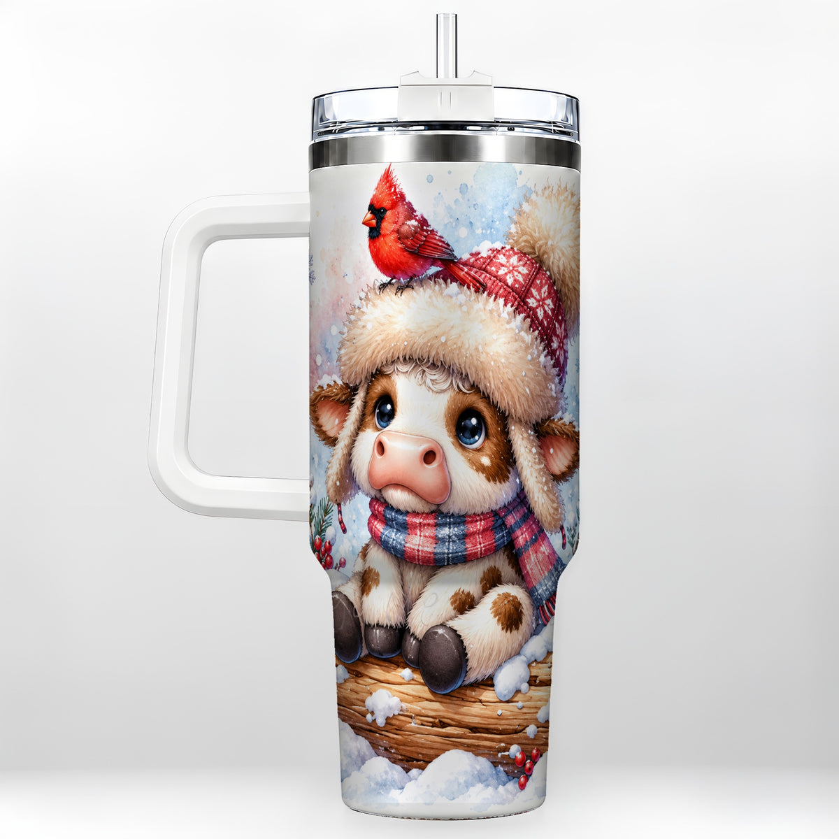 Christmas Calf 40oz Tumbler with Handle, Winter Cow Travel Cup