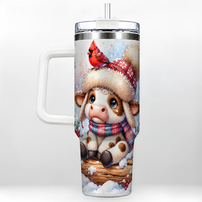Christmas Calf 40oz Tumbler with Handle, Winter Cow Travel Cup