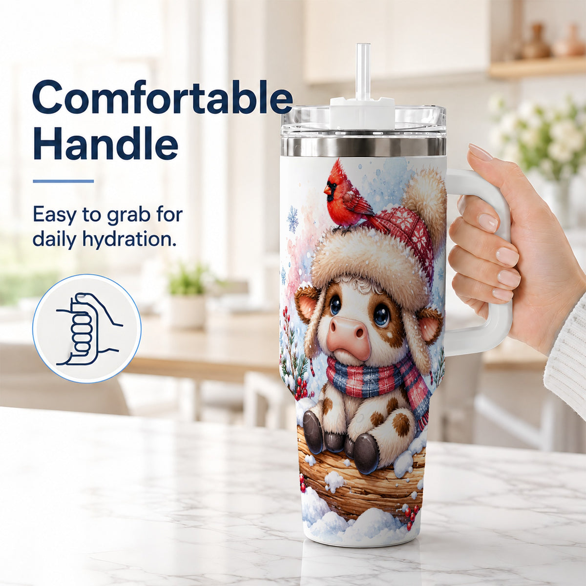 #pl[40oz|White] Christmas Calf 40oz Tumbler with Handle, Winter Cow Travel Cup