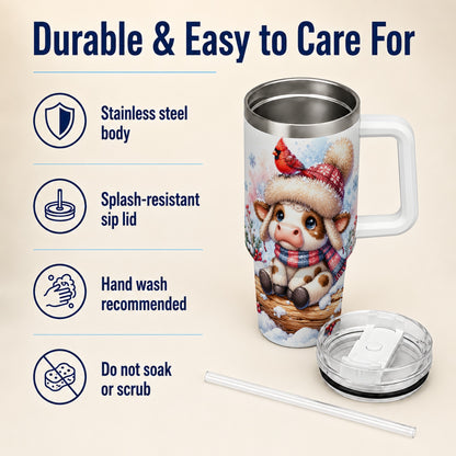 Christmas Calf 40oz Tumbler with Handle, Winter Cow Travel Cup