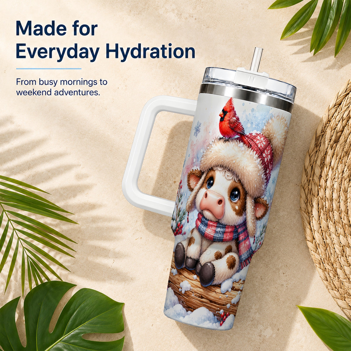 Christmas Calf 40oz Tumbler with Handle, Winter Cow Travel Cup