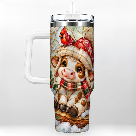 Stained Glass Christmas Calf 40oz Tumbler with Handle, Winter Travel Cup