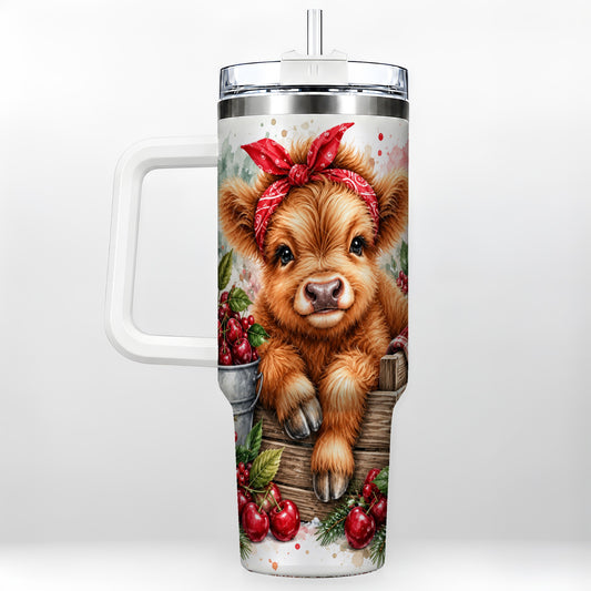 Highland Calf 40oz Tumbler with Handle, Rustic Farm Travel Cup