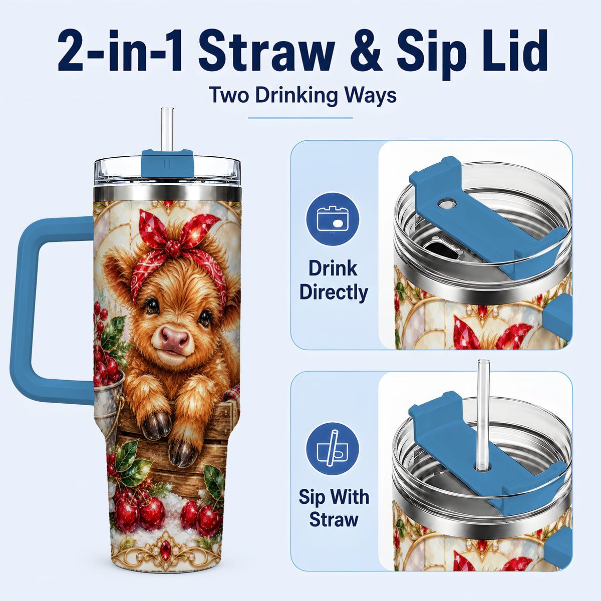 #pl[40oz|Blue] Highland Cow 40oz Tumbler, Christmas Tumbler, Stainless Steel Travel Cup