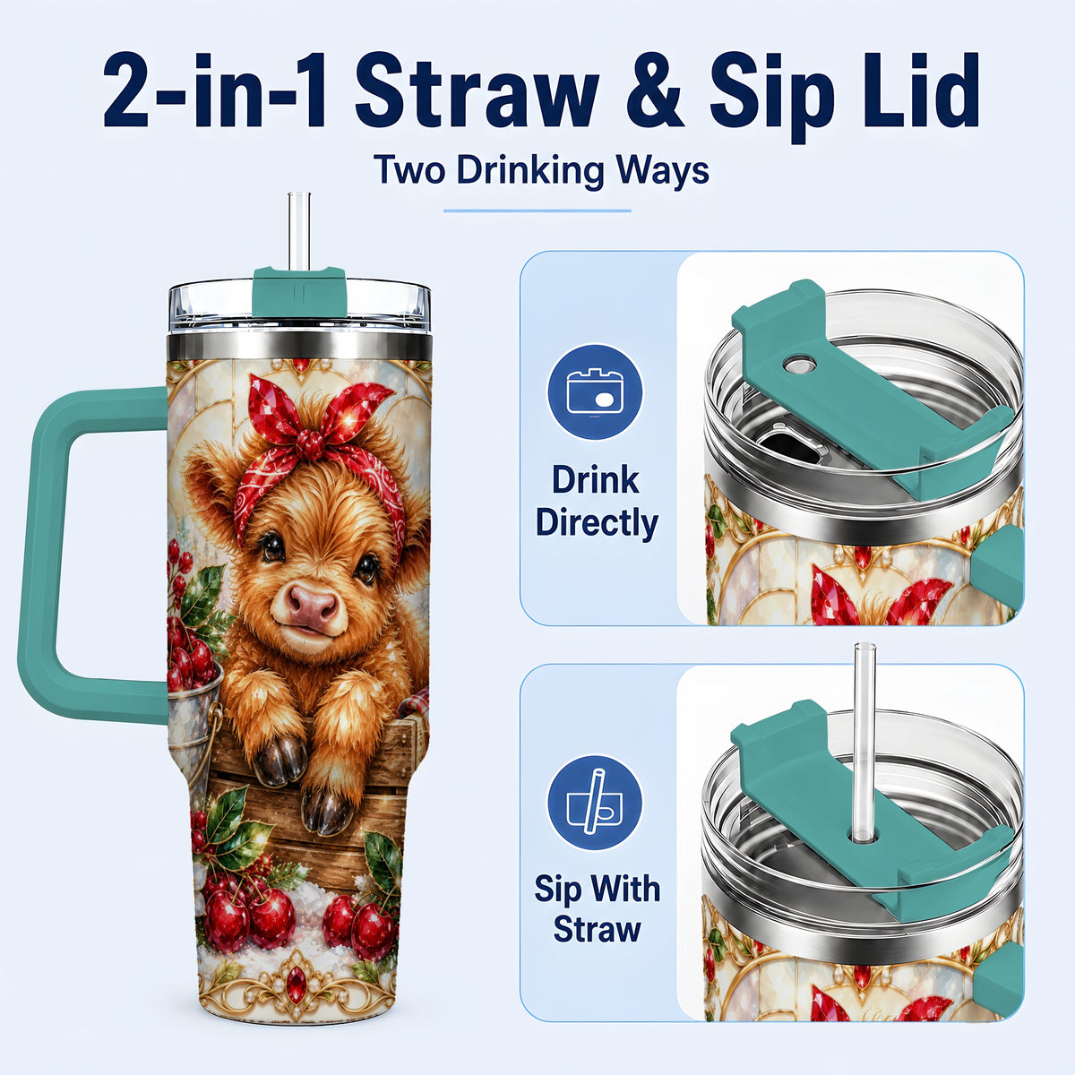 #pl[40oz|Green] Highland Cow 40oz Tumbler, Christmas Tumbler, Stainless Steel Travel Cup