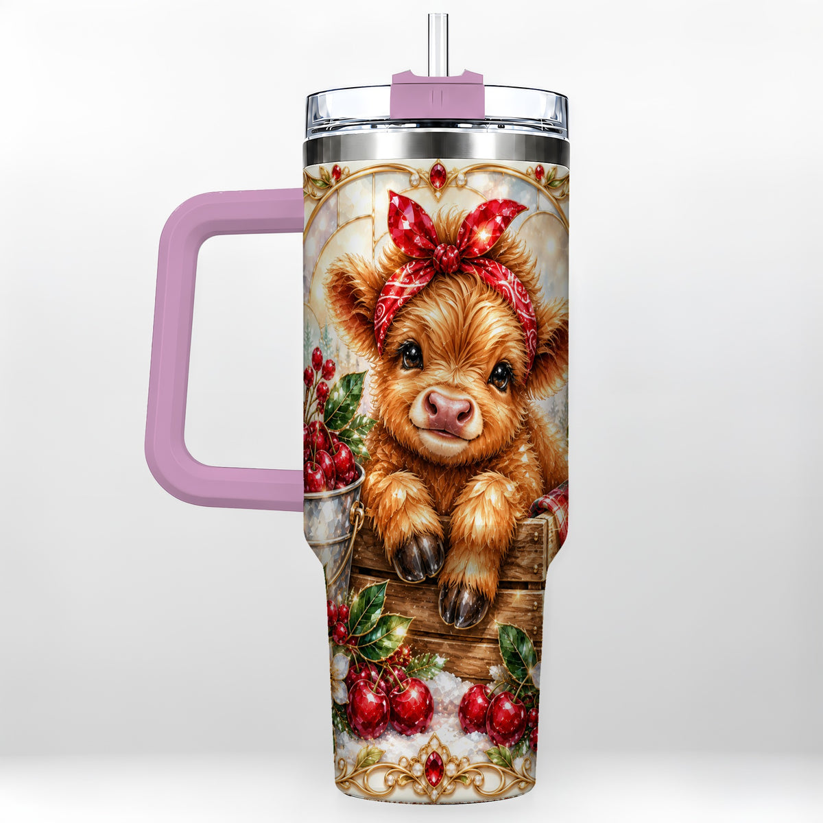 #pl[40oz|Pink] Highland Cow 40oz Tumbler, Christmas Tumbler, Stainless Steel Travel Cup
