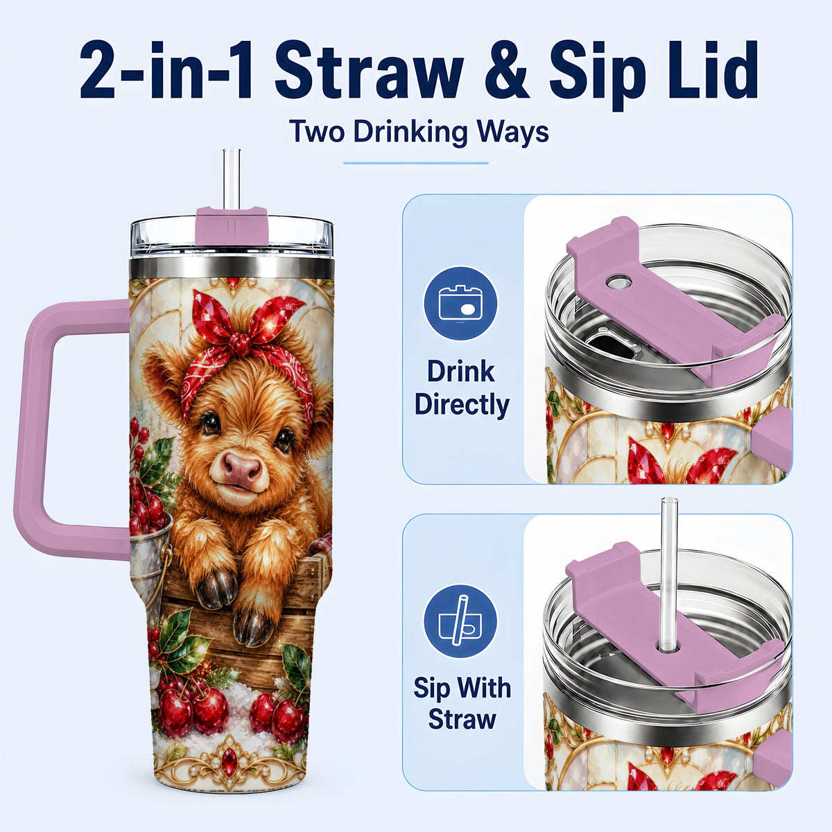 #pl[40oz|Pink] Highland Cow 40oz Tumbler, Christmas Tumbler, Stainless Steel Travel Cup