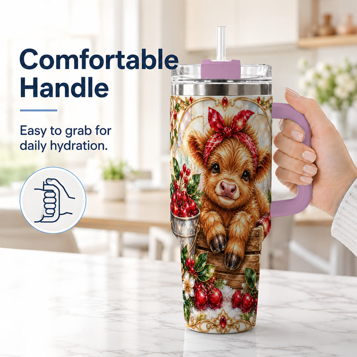 #pl[40oz|Pink] Highland Cow 40oz Tumbler, Christmas Tumbler, Stainless Steel Travel Cup
