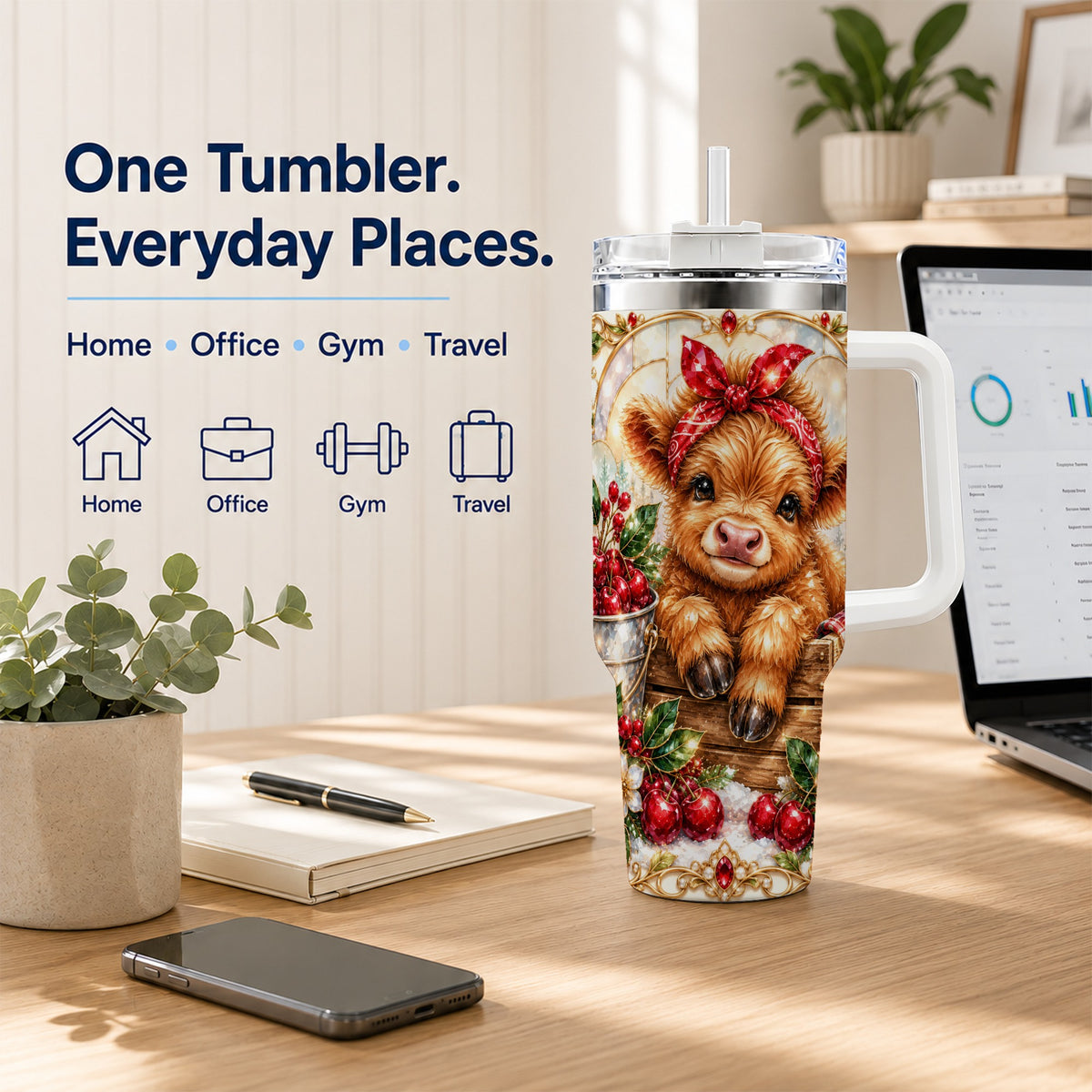 Highland Cow 40oz Tumbler, Christmas Tumbler, Stainless Steel Travel Cup