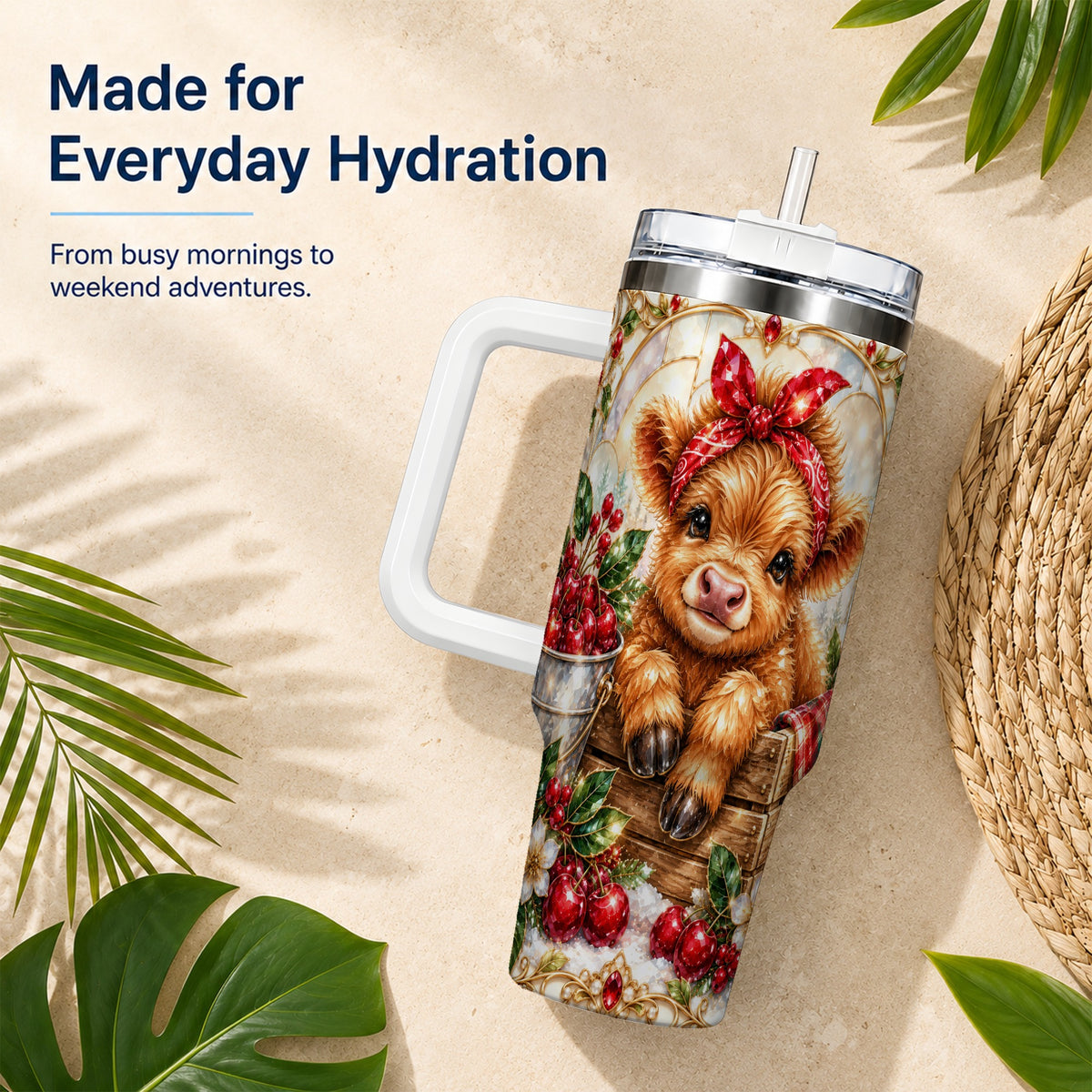 Highland Cow 40oz Tumbler, Christmas Tumbler, Stainless Steel Travel Cup