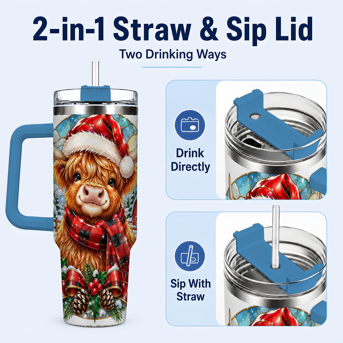 #pl[40oz|Blue] Santa Cow 40oz Tumbler, Christmas Tumbler, Stainless Steel Travel Cup