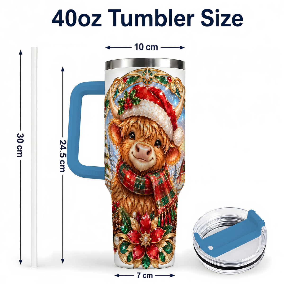 #pl[40oz|Blue] Jeweled Cow 40oz Tumbler, Christmas Tumbler, Stainless Steel Travel Cup