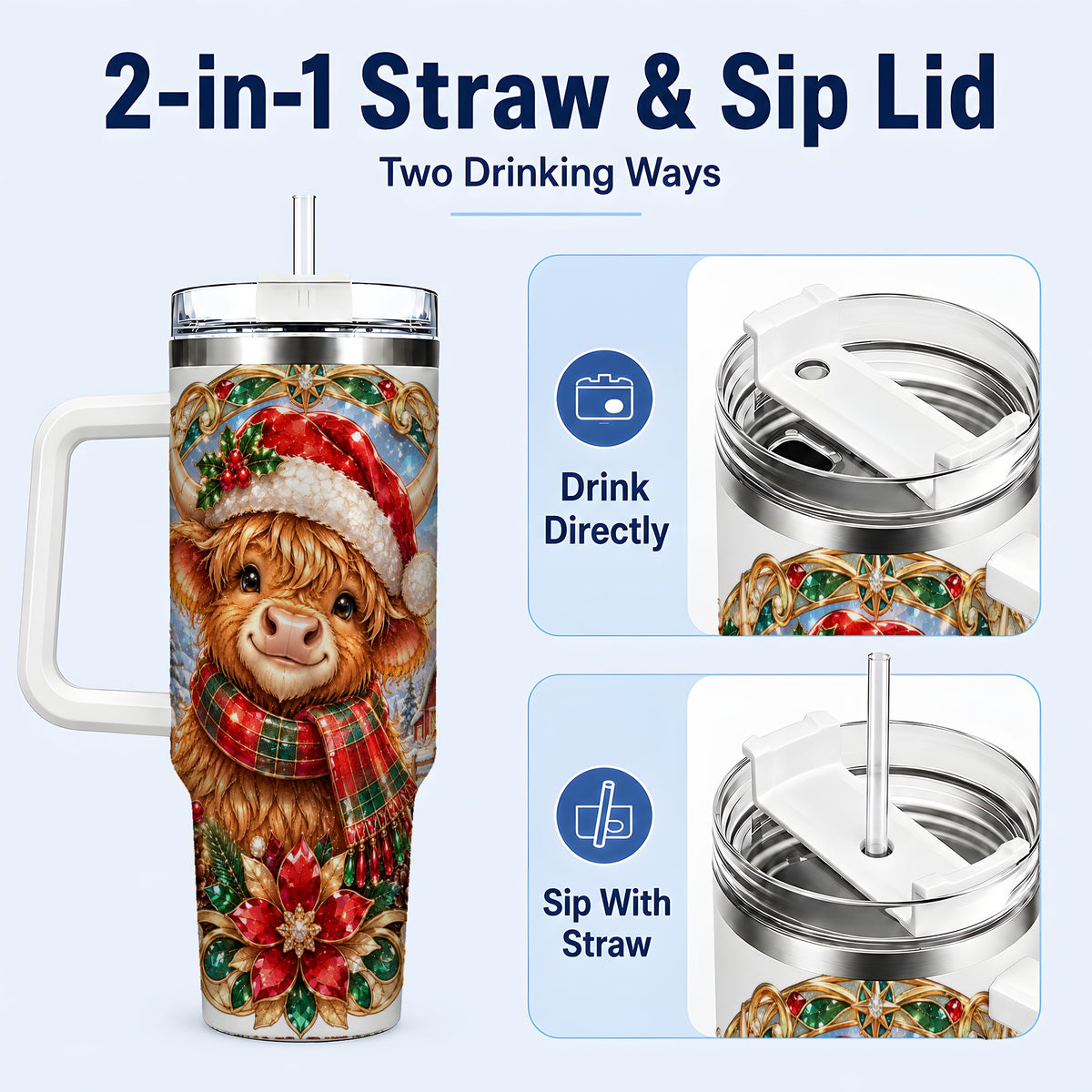 #pl[40oz|White] Jeweled Cow 40oz Tumbler, Christmas Tumbler, Stainless Steel Travel Cup