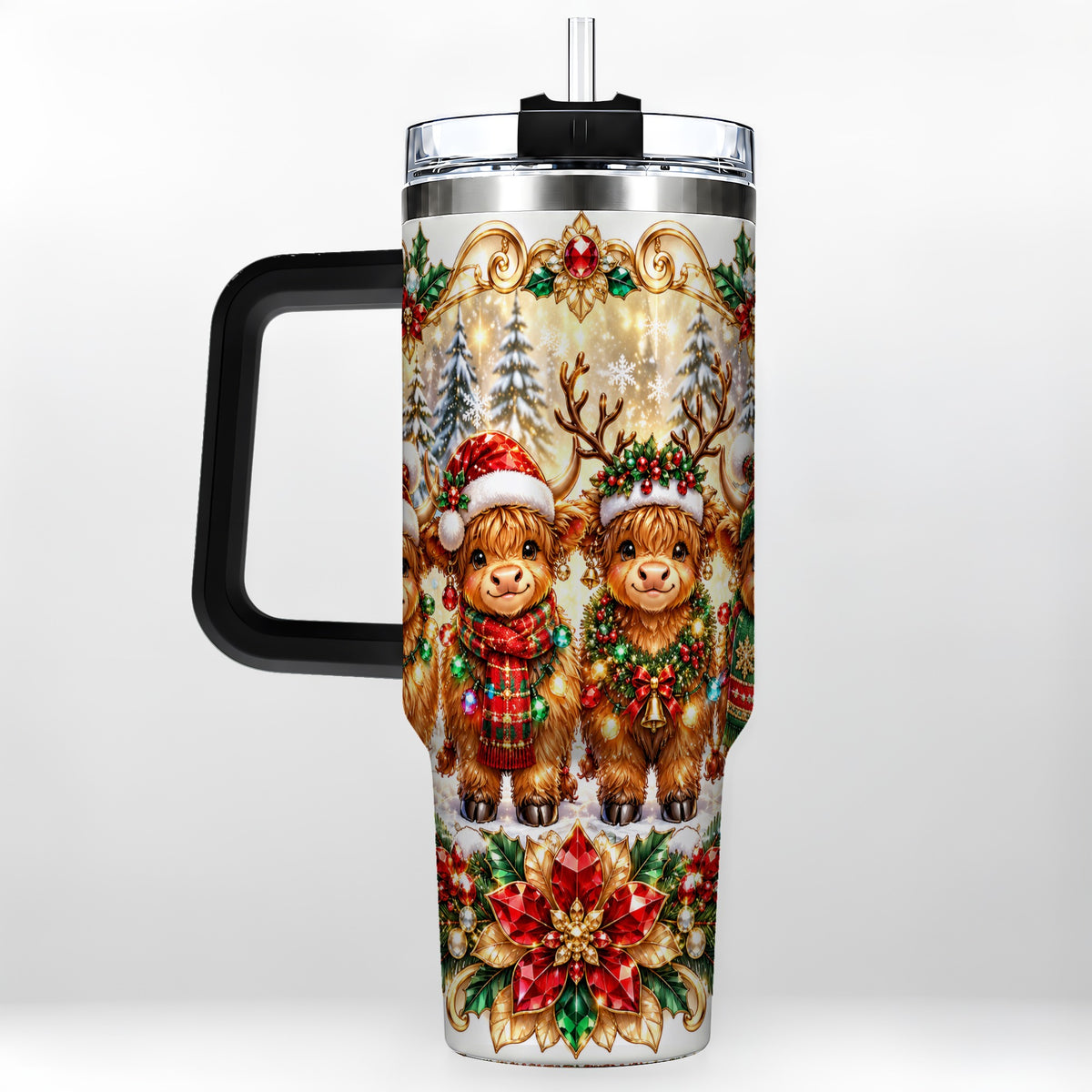 #pl[40oz|Black] Four Highland Cows 40oz Tumbler, Christmas Tumbler, Steel Travel Cup