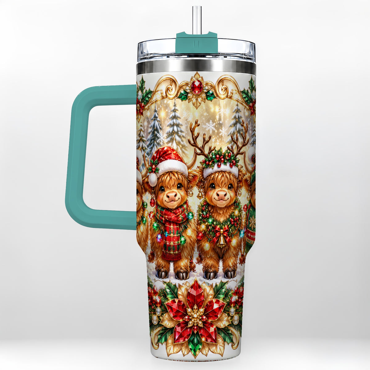 #pl[40oz|Green] Four Highland Cows 40oz Tumbler, Christmas Tumbler, Steel Travel Cup