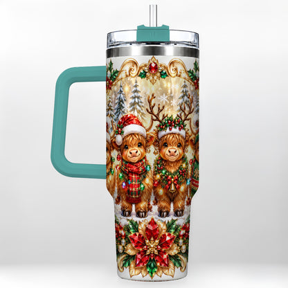 #pl[40oz|Green] Four Highland Cows 40oz Tumbler, Christmas Tumbler, Steel Travel Cup