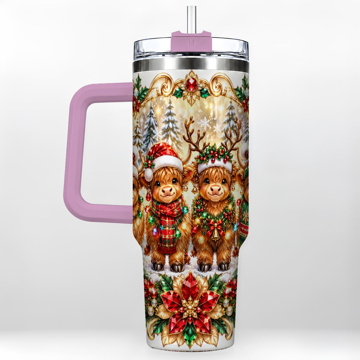 #pl[40oz|Pink] Four Highland Cows 40oz Tumbler, Christmas Tumbler, Steel Travel Cup