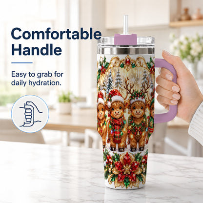 #pl[40oz|Pink] Four Highland Cows 40oz Tumbler, Christmas Tumbler, Steel Travel Cup