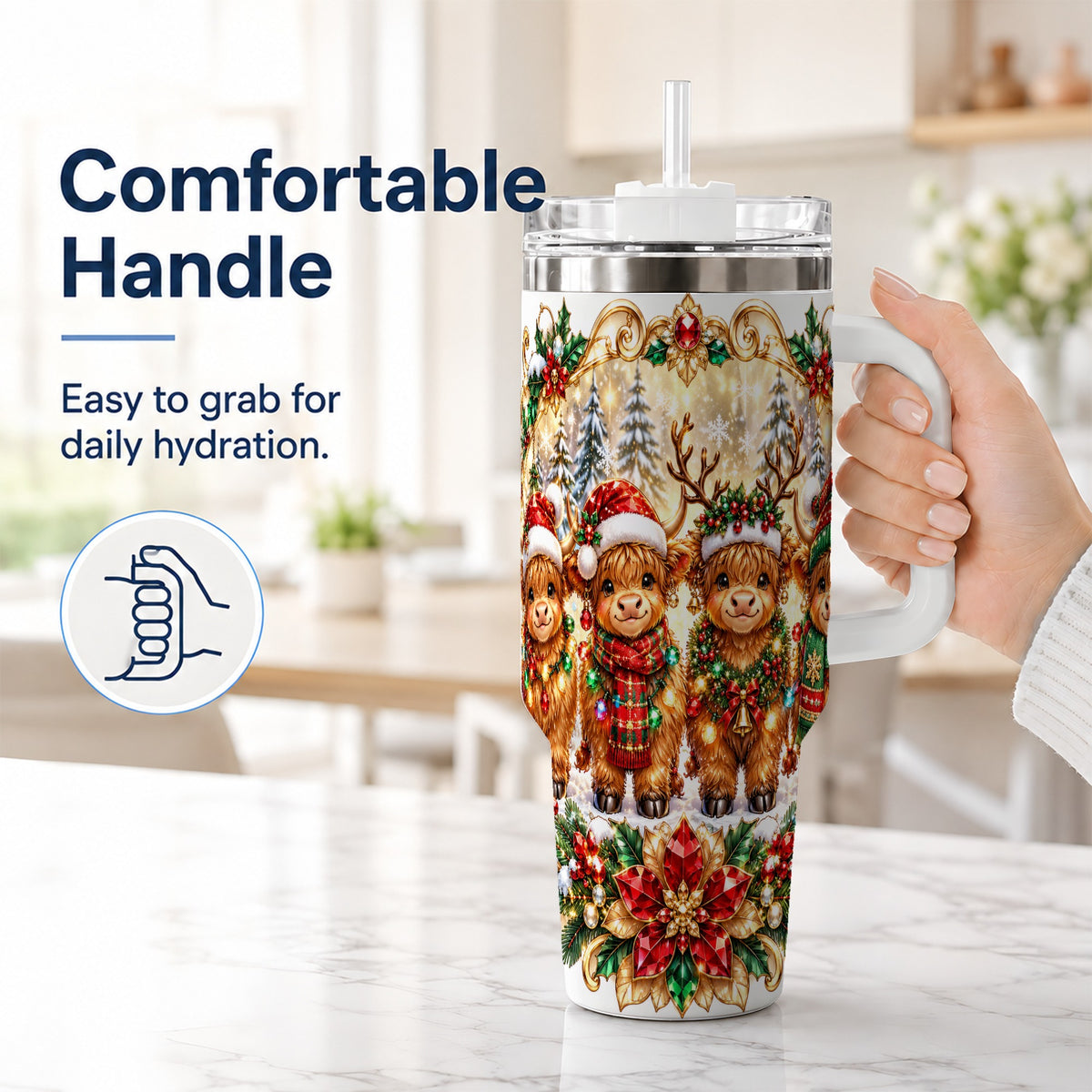 #pl[40oz|White] Four Highland Cows 40oz Tumbler, Christmas Tumbler, Steel Travel Cup