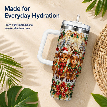 Four Highland Cows 40oz Tumbler, Christmas Tumbler, Steel Travel Cup