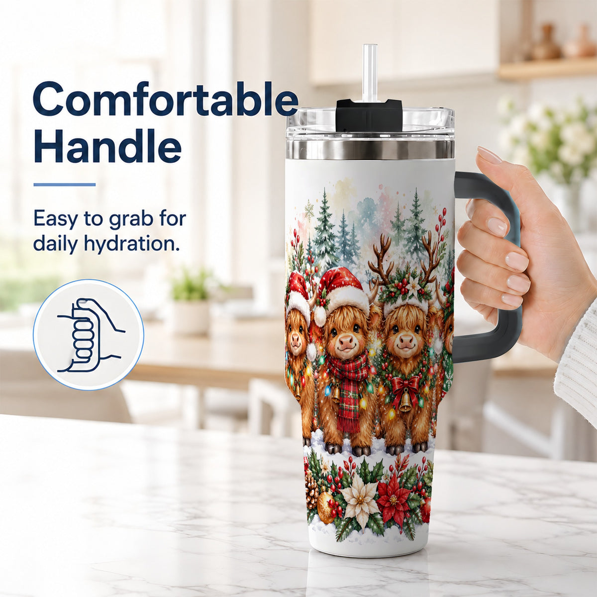 #pl[40oz|Black] Watercolor Cow 40oz Tumbler, Christmas Tumbler, Stainless Steel Travel Cup