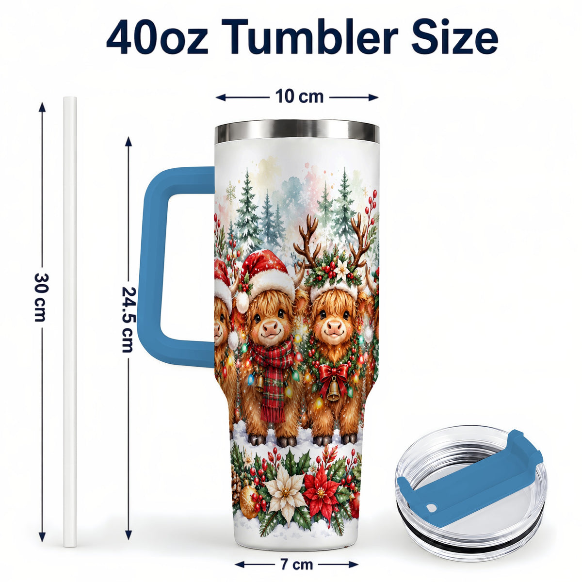 #pl[40oz|Blue] Watercolor Cow 40oz Tumbler, Christmas Tumbler, Stainless Steel Travel Cup