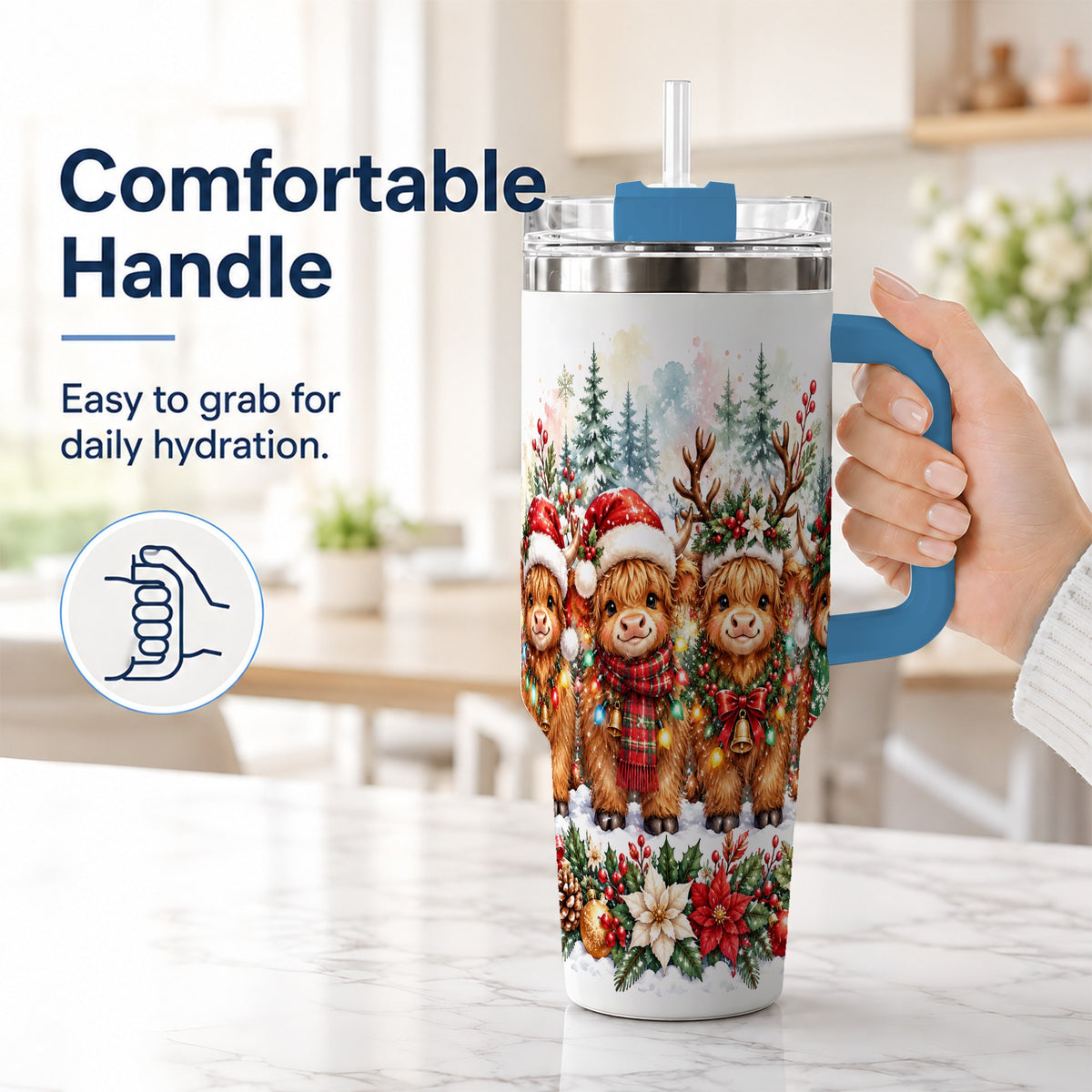 #pl[40oz|Blue] Watercolor Cow 40oz Tumbler, Christmas Tumbler, Stainless Steel Travel Cup