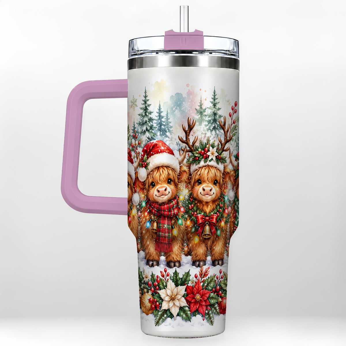 #pl[40oz|Pink] Watercolor Cow 40oz Tumbler, Christmas Tumbler, Stainless Steel Travel Cup